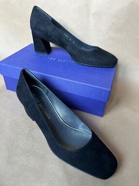 Stuart Weitzman Black Suede Marymid Block Heel Classic Pump 8